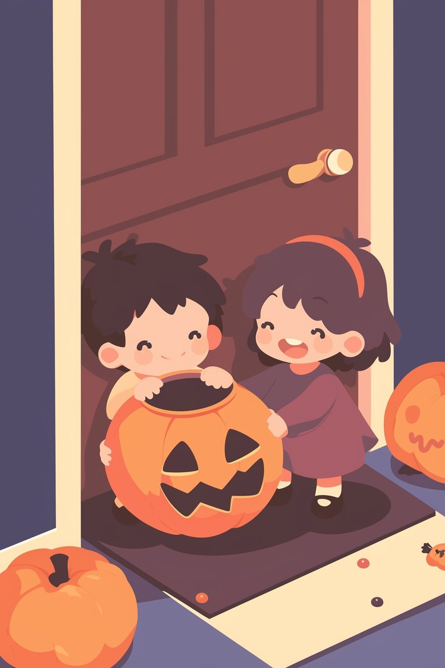 cute halloween drawings for kids: An adorable image featuring toddlers dressed in Halloween costumes, smiling as they collect treats by a warmly-lit pumpkin.